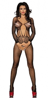 Amynetti Aufwändiger ouvert Reizwäsche langarm Bodystocking mit Muster schwarz - 1