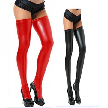 ARETOP® Optik KniestrümpfeDamen Halterlose Leder-Look Strümpfe erotischen Lack (Schwarz) - 2