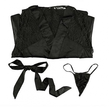 Damen Sexy Schwarz Spitze Lingerie Satin Babydolls Kimono Dessous Reizwaesche Negligee G-String-Spitze-Unterwäsche (L) - 4