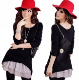 Doukia Schnüren Sie sich netten langen ärmeln Rundhals zweiteilige Set Pullover Kleid Strickkleid XS-Schwarz - 1