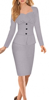 LECHEERS Damen Sexy Elegant Langarm BüroDame Etui Casual Business Cocktail Party Kleid grau - 1