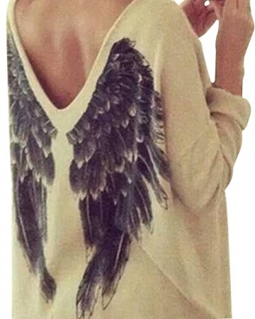 Minetom Damen Sexy V-Aussichnitt Angel Wing Engel Flügel Bluse Pullover Pulli Langarm T-shirt Tops Bluse ( DE 42 ) - 2