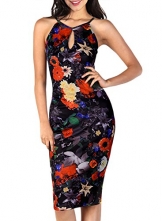 Miusol Damen Neckholder Casual Kleid Blume Patterned Stretch Party Abendkleid, Schwarz Gr.S/36 - 1