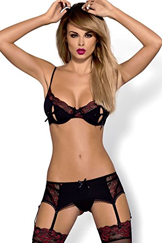 Obsessive verführerisches 3-teiliges Dessous-Set aus edlem Bügel-BH, Strumpfgürtel und String mit zarter Burgunder-Spitze, schwarz/burgunderrot, Gr. S/M - 1