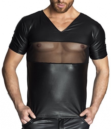 Schwarzes Herren Dessous wetlook T-Shirt teiltransparent Männer Shirt erotisch dehnbar 2XL - 1