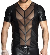 Schwarzes Herren Shirt teiltransparent aus wetlook Material und Tüll Männer Dessous Shirt L - 1