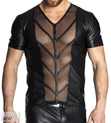 Schwarzes Herren Shirt teiltransparent aus wetlook Material und Tüll Männer Dessous Shirt L - 1