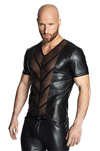 Schwarzes Herren Shirt teiltransparent aus wetlook Material und Tüll Männer Dessous Shirt L - 3