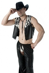 Sexy Männer Dessous Cowboy-Set aus Tanga, Weste und Hose aus Kunstleder in zebra weich elastisch Karneval Verkleidung Kostüm Größe: L/XL - 1